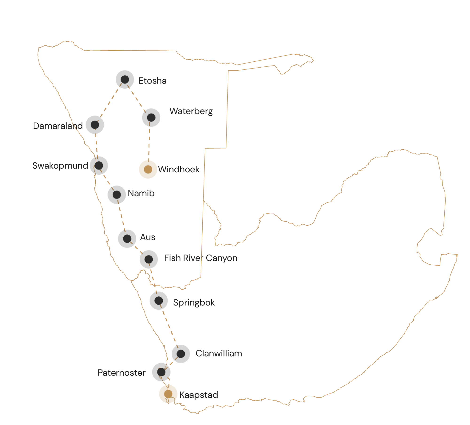 Kaartje van Kaapstad naar Windhoek
