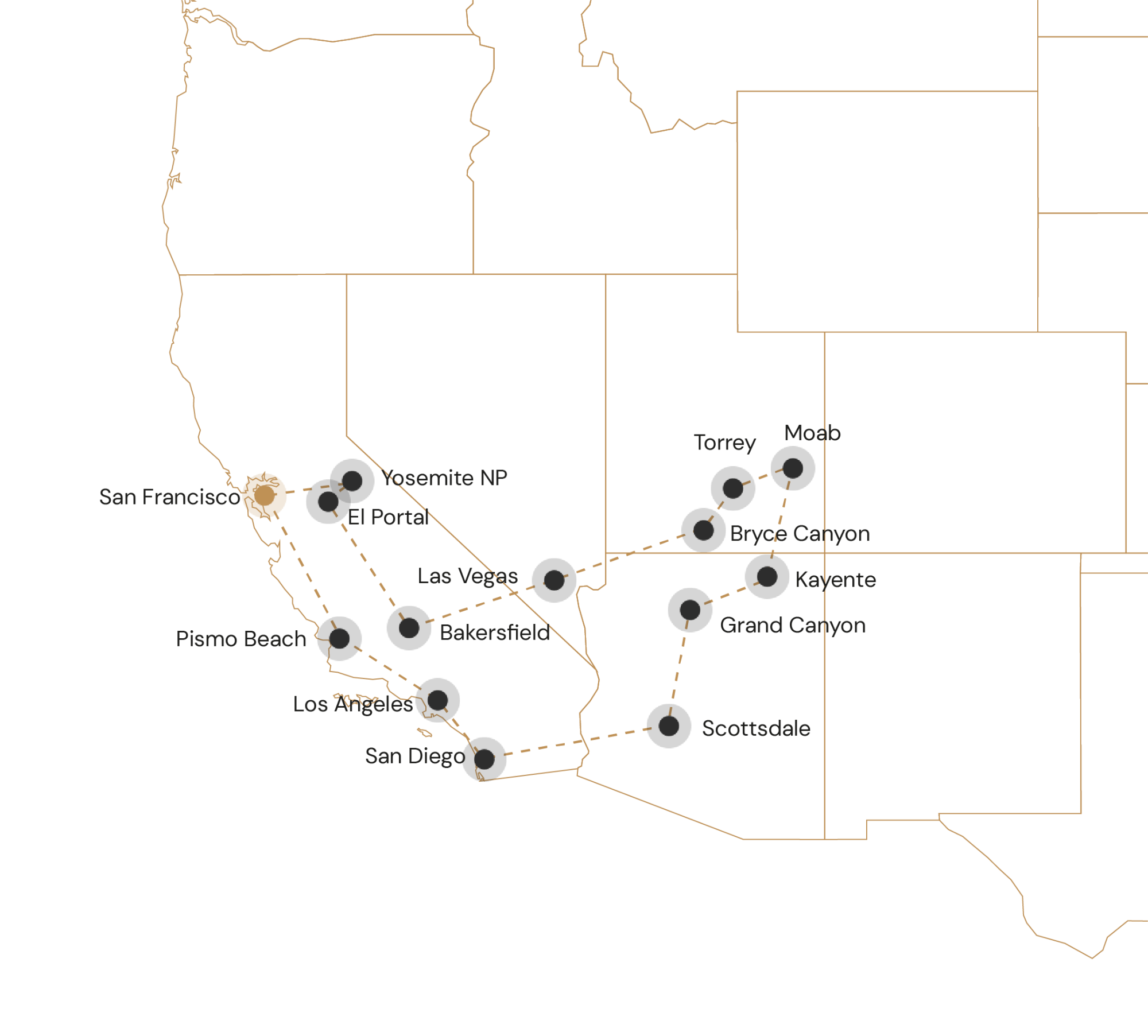 Route De hoogtepunten van West-Amerika