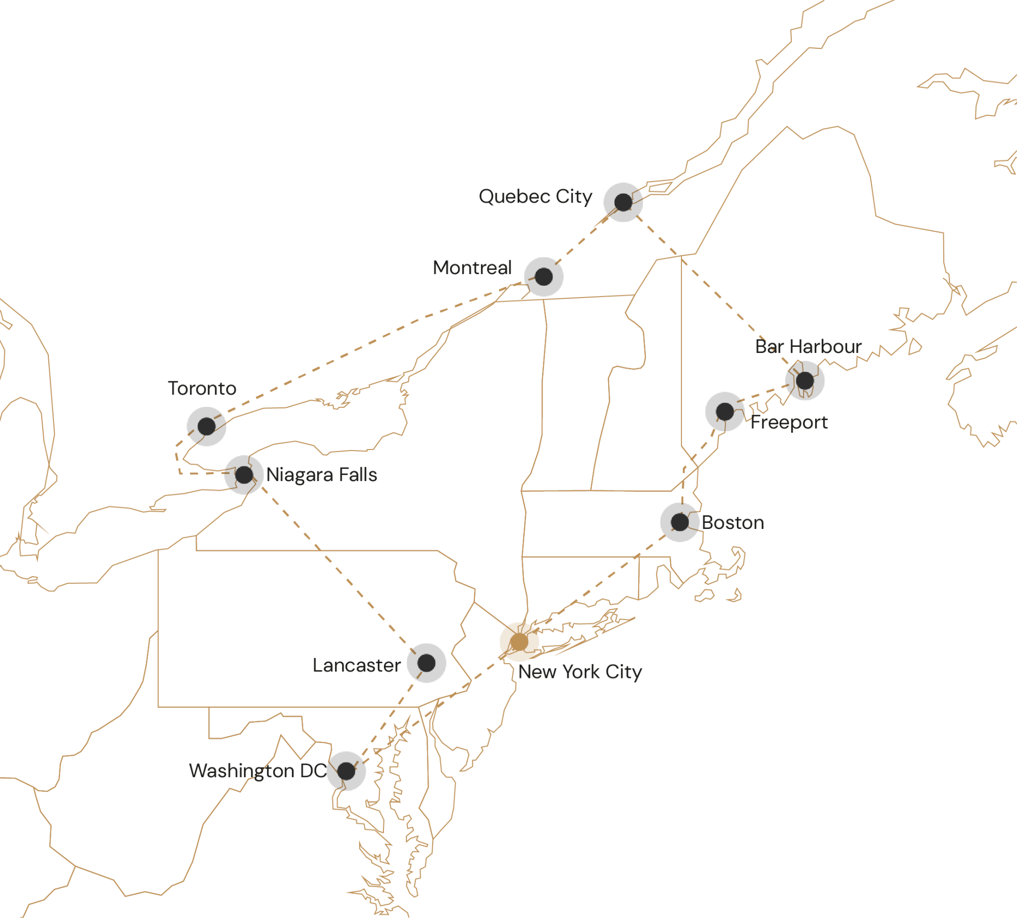 Route Oost Amerika en Canada