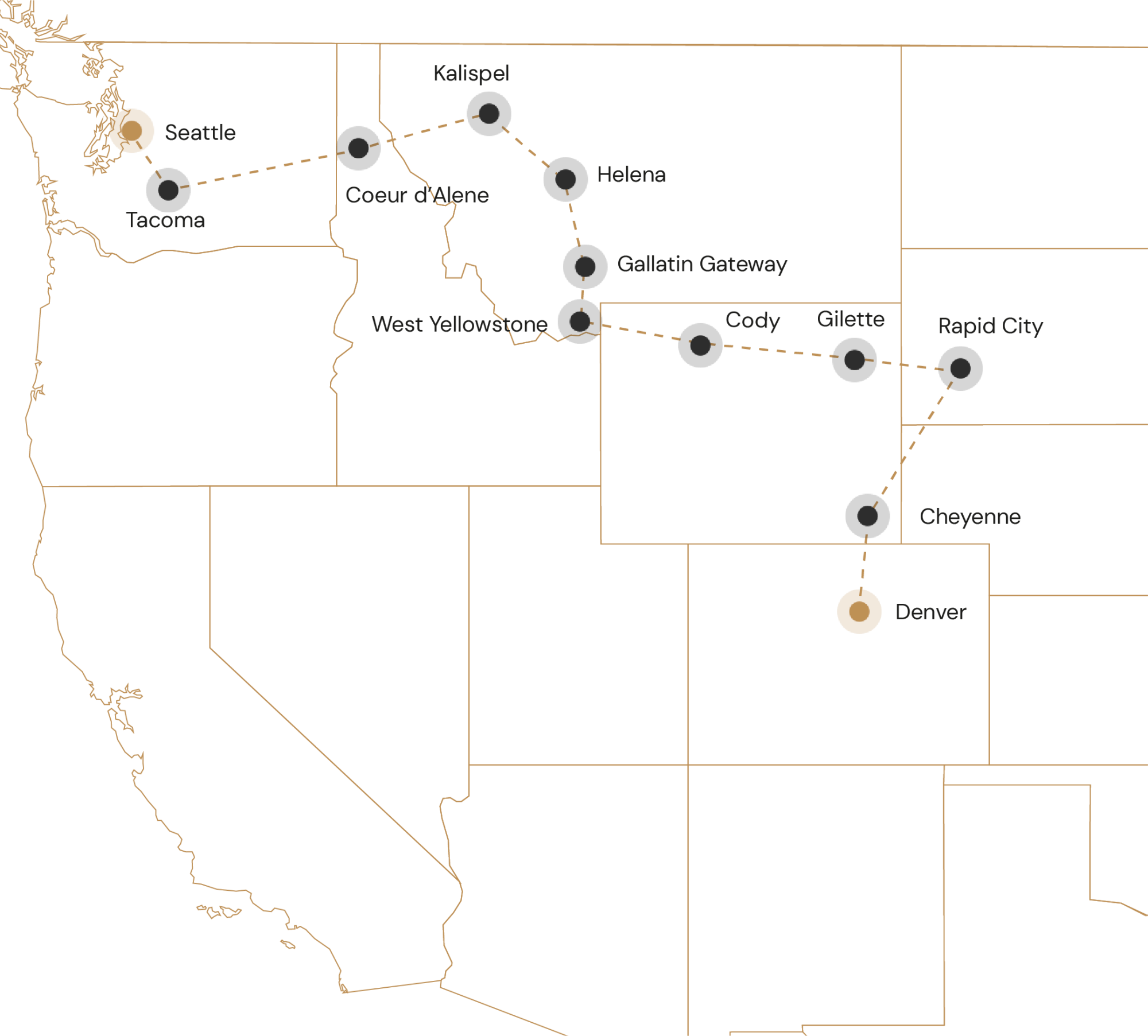 Route Van Seattle naar de Rocky Mountains van Amerika