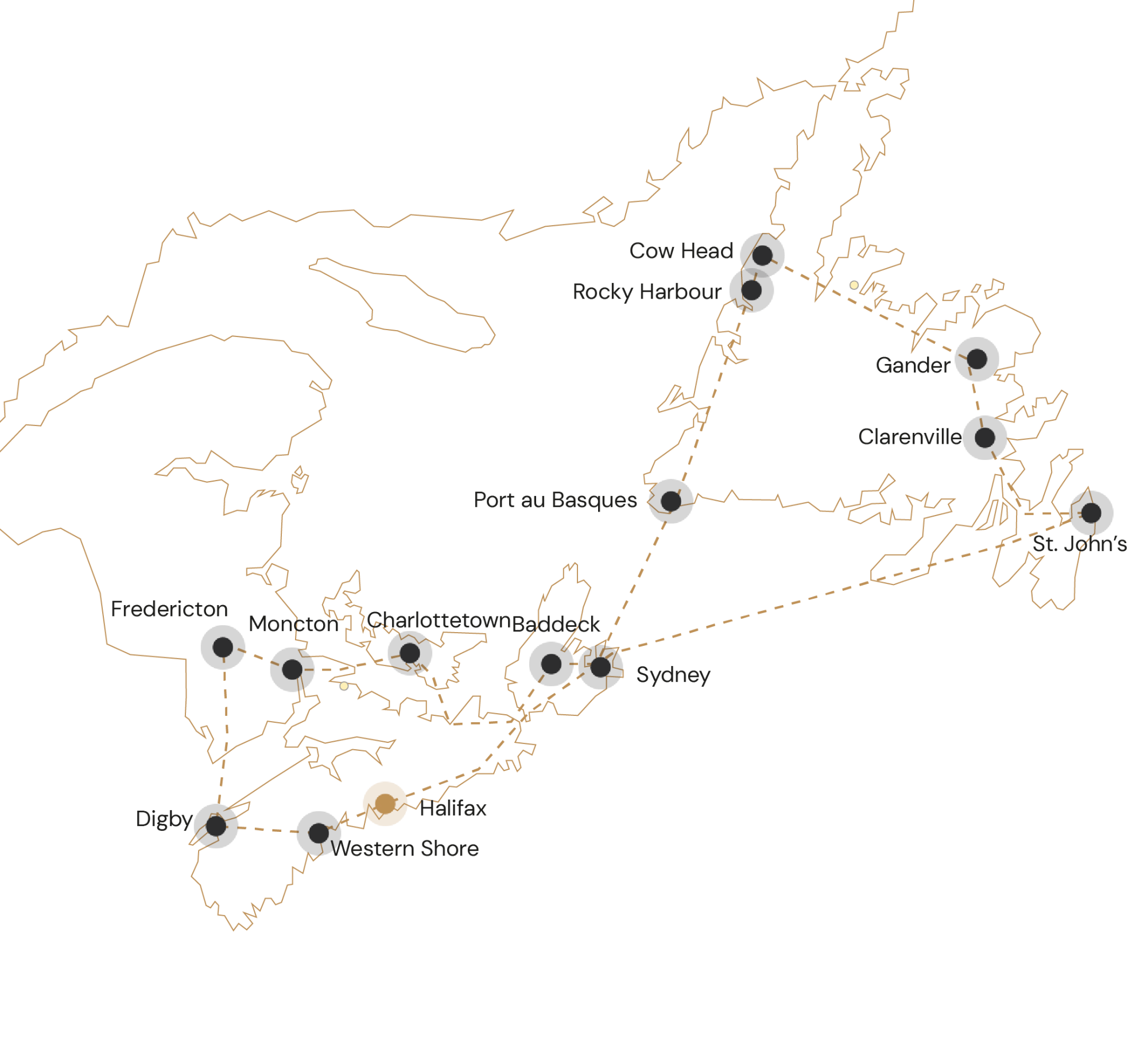 Kaartje de hoogtepunten van Atlantisch Canada