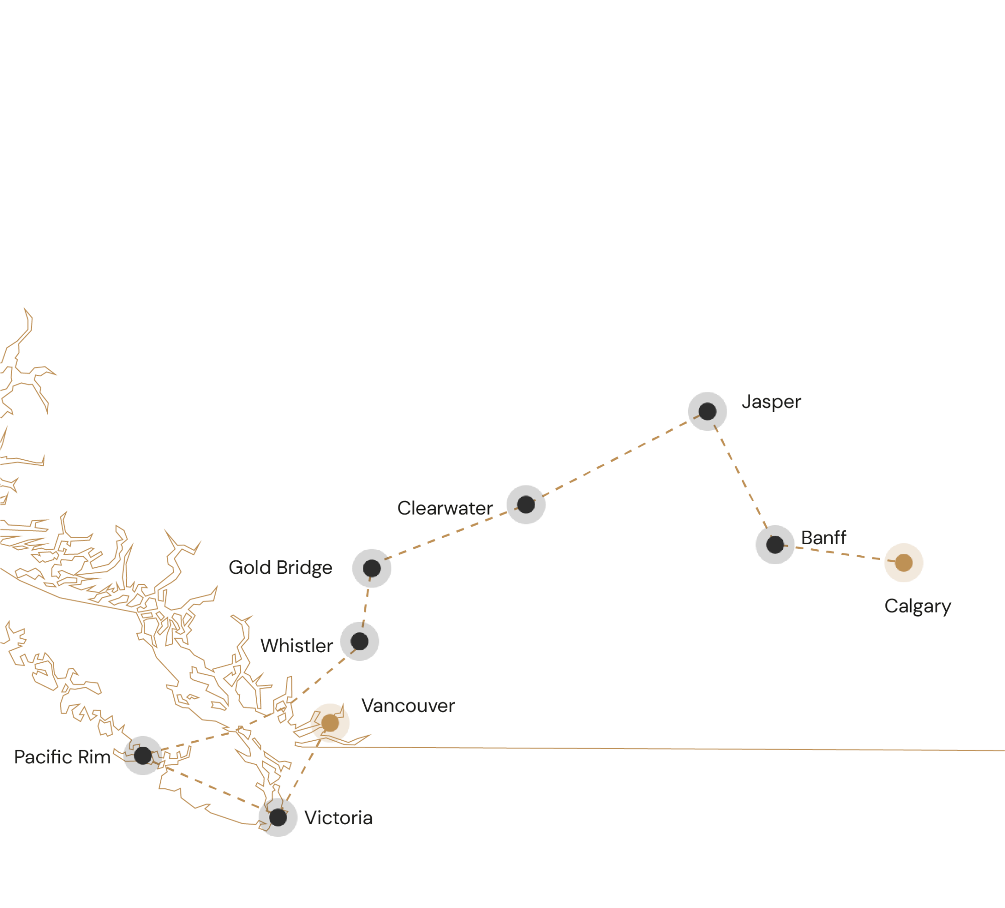 Kaartje de hoogtepunten van West-Canada