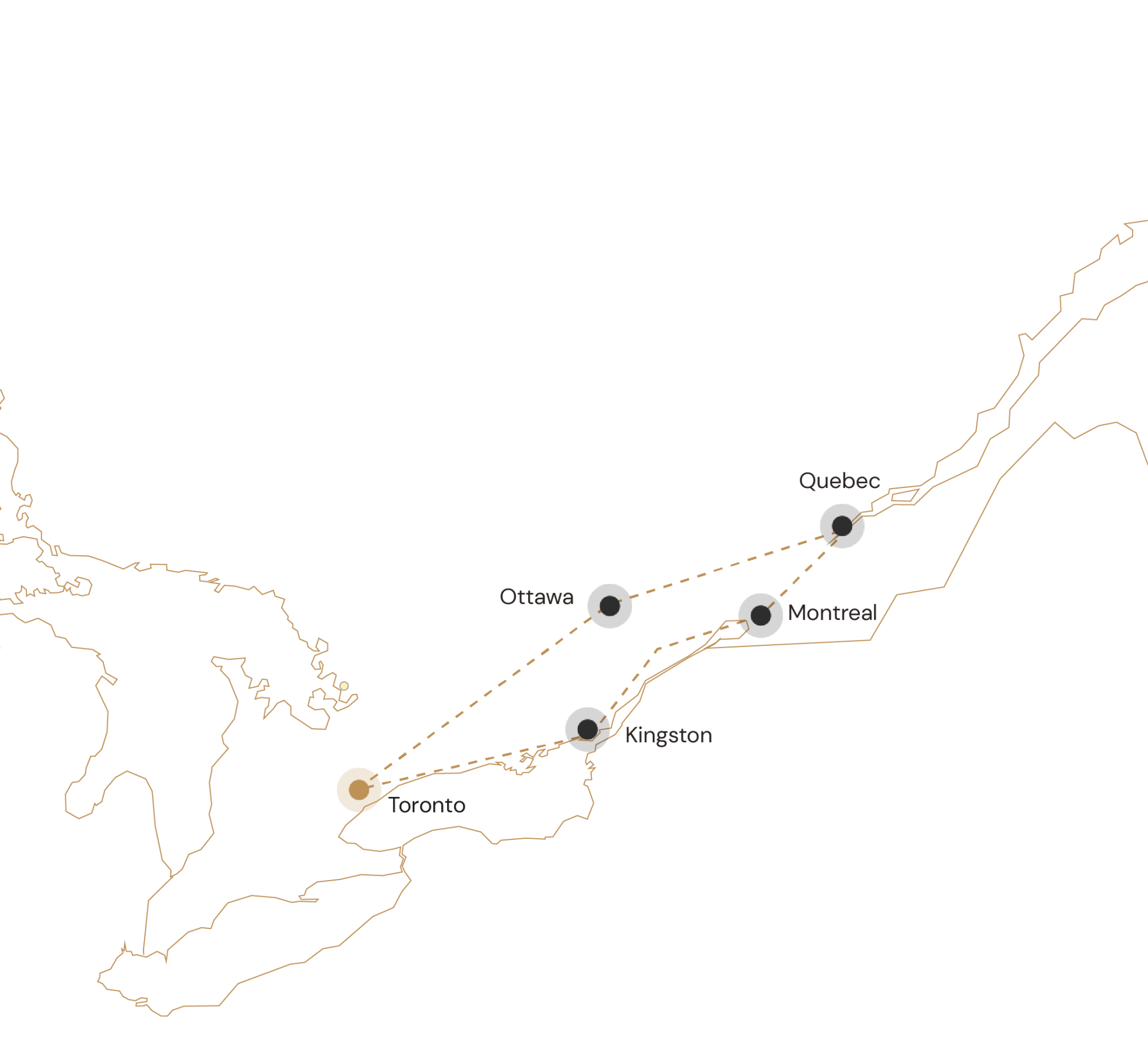 Kaartje boeiende steden van Oost-Canada