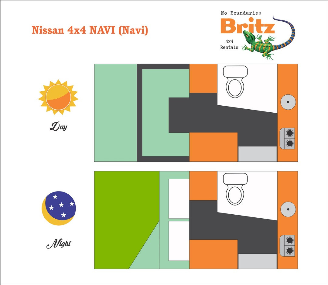 Plattegrond dag en nacht Britz BOT 4x4 Single Cab 2 Berth Manual Navi