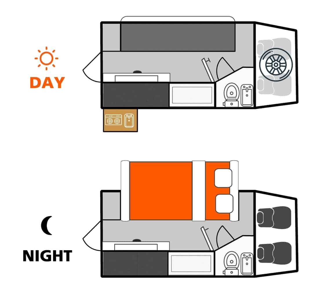 Plattegrond dag en nacht Britz Botswana 4x4 Single Cab 2 Berth Manual Orion