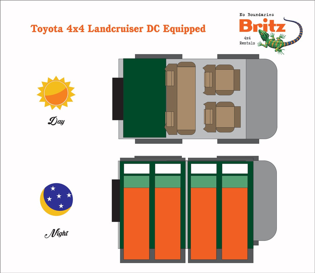 Plattegrond dag en nacht Britz NA 4x4 Double Cab 2 Berth Manual DLE