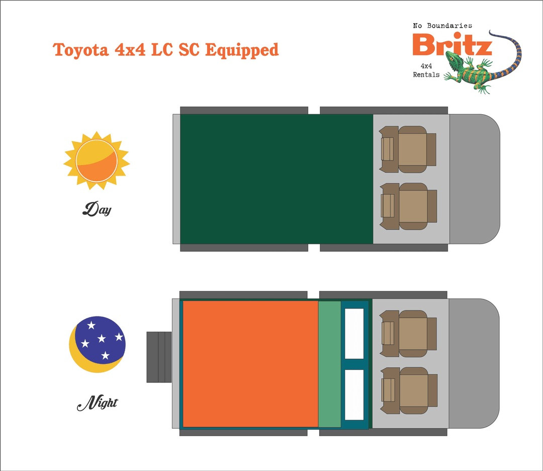 Plattegrond dag en nacht Britz NA 4x4 Double Cab 4 Berth Manual DCE