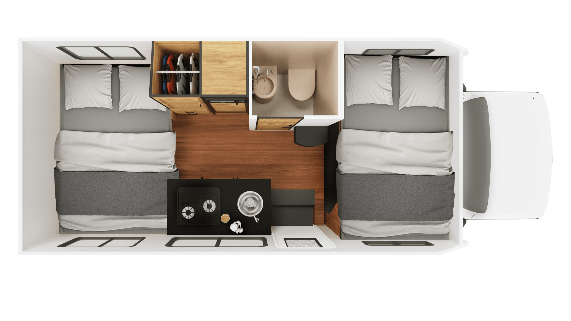Plattegrond met bedden Cruise America C21 - Compact Plus Motorhome