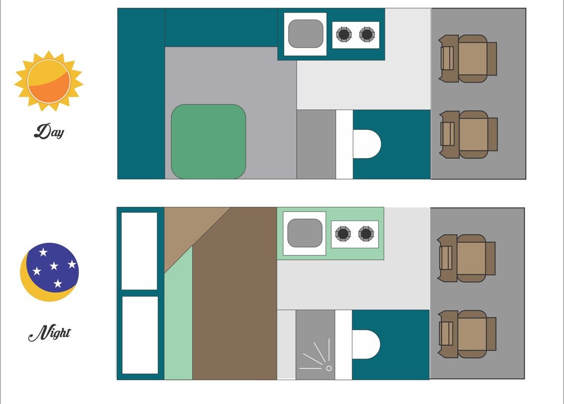 Maui ZA M2B Mercedes Sprinter plattegrond dag en nacht