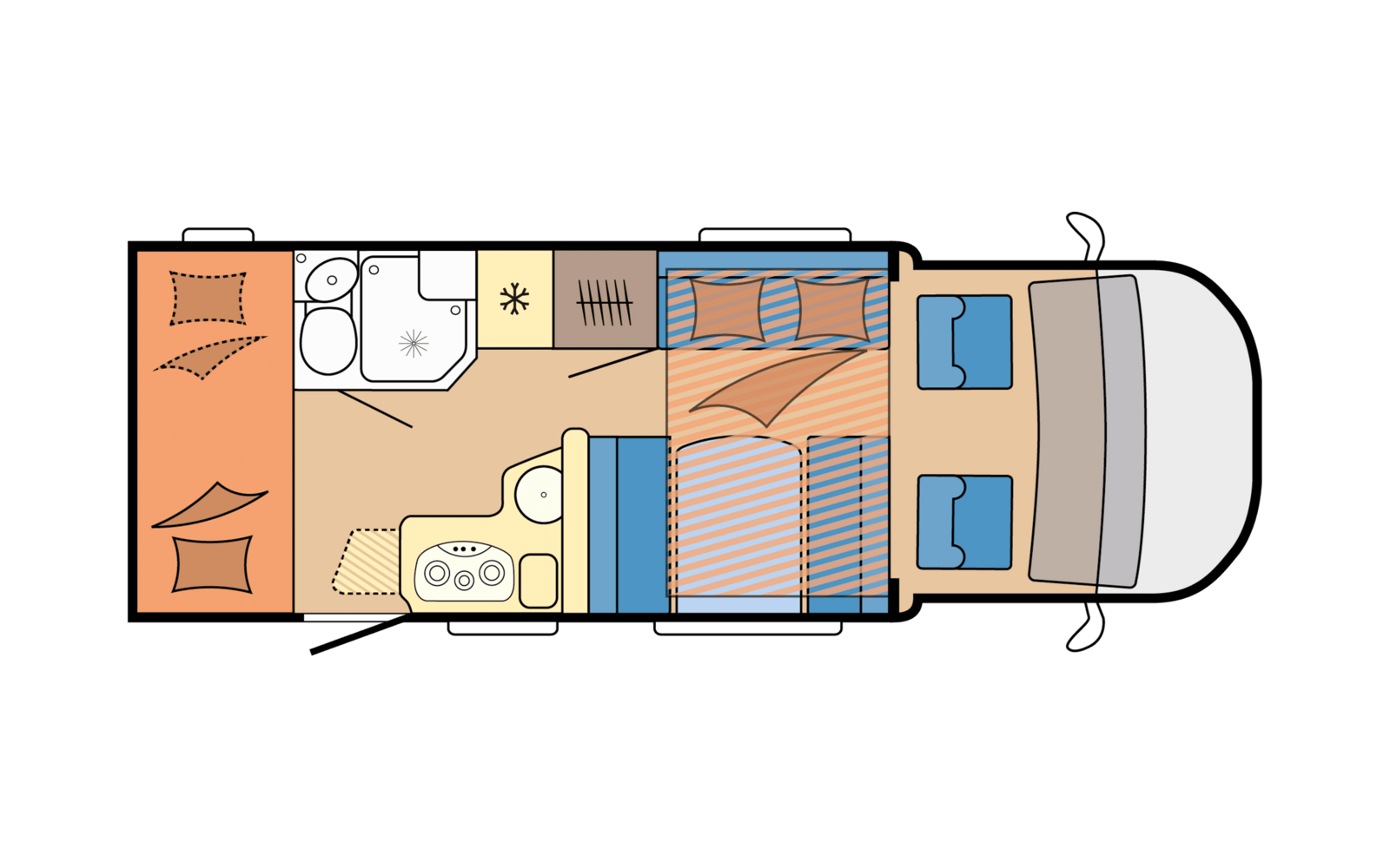 TC IJsland Family Camper plattegrond beneden plus bedden